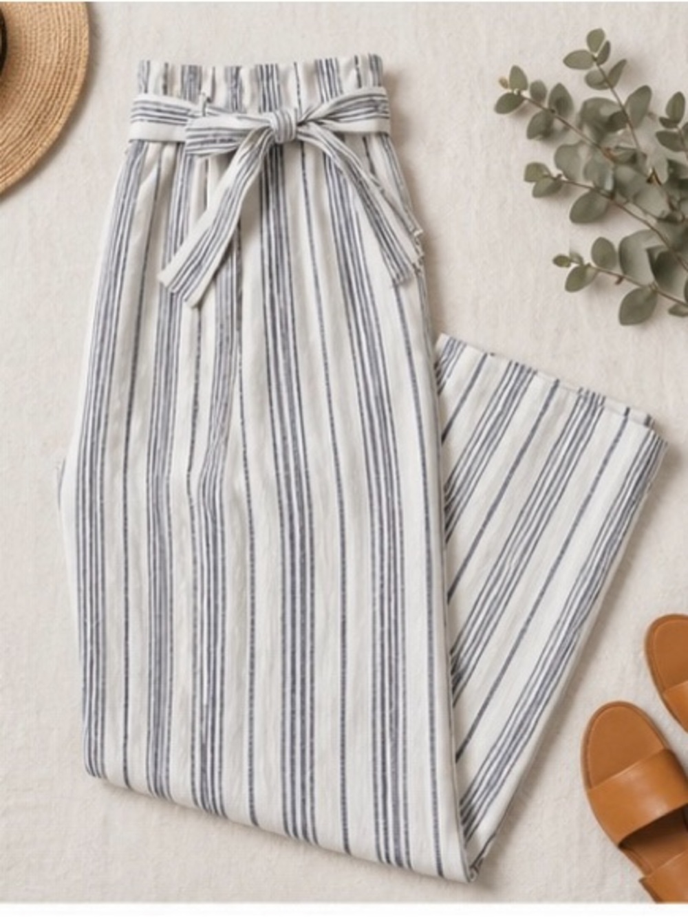 Madewell Linen Paperbag Pants Size 10 Coastal Stripe Crop Tie Waist Summer - Picture 4 of 14